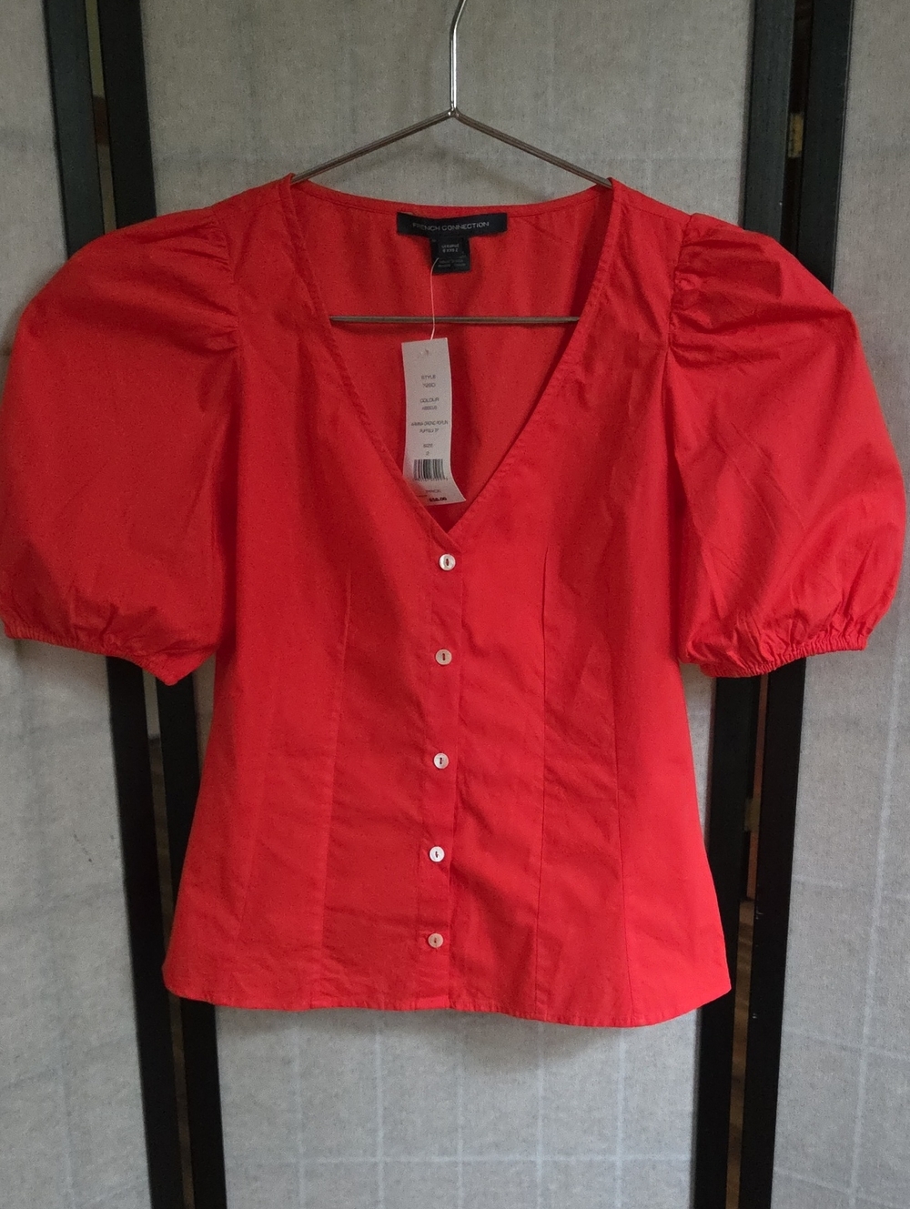 French Connection Red Puff-Sleeve Button-Up Blouse